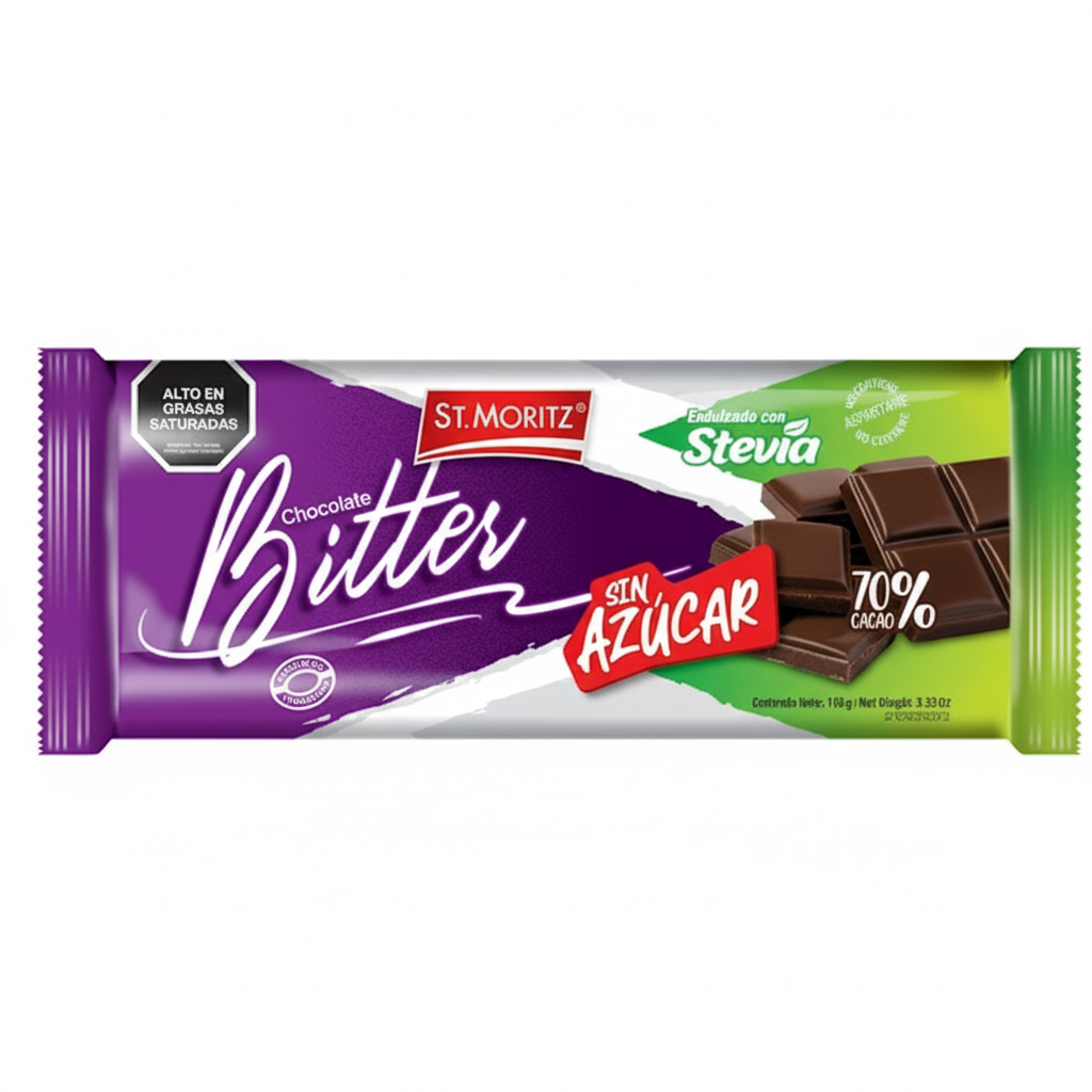 CHOCOLATE BITTER STEVIA EN TABLETA 100GR ST MORITZ